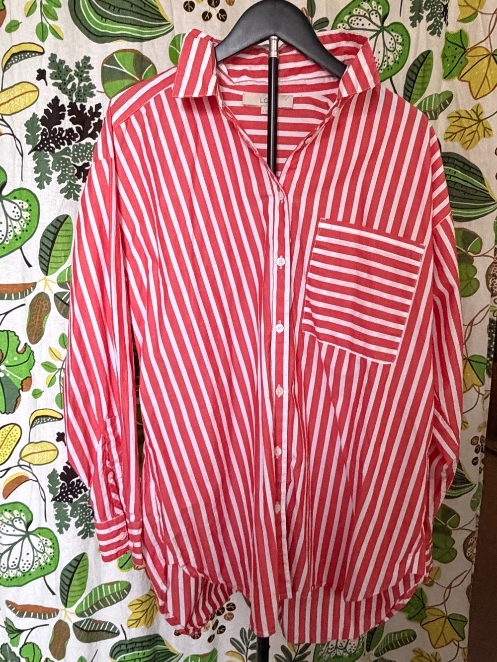LOFT Size L Red White Striped Oversized Button Down Tunic Shirt